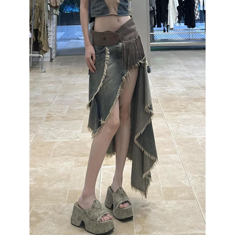 

Women Vintage Punk Blue Denim Skirt Tassels Bottoms High Waist Casual Mid Length Skirts Baggy Streetwear Female Long Faldas