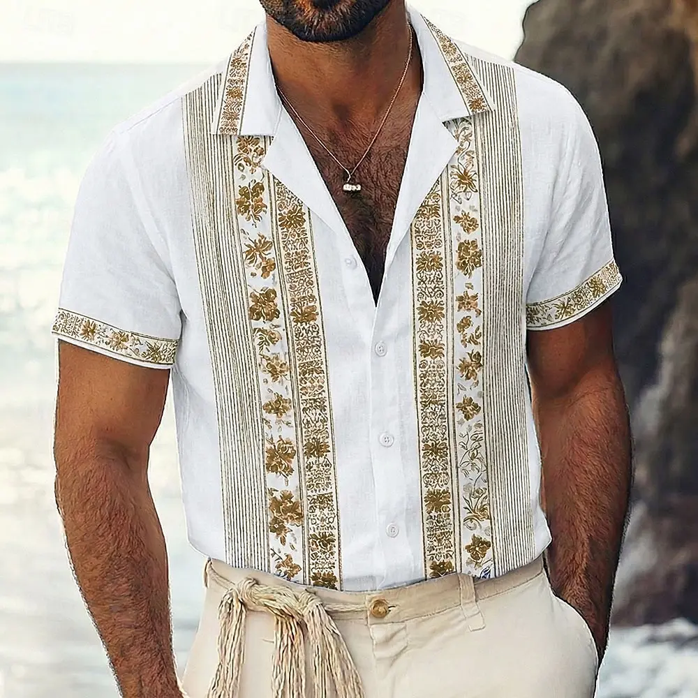 Men's Ethnic Intricate Floral Guayabera Shirt Short Sleeve Cuban Camp Collar 3D Print Button Up Tops for Daily in Spring Summer