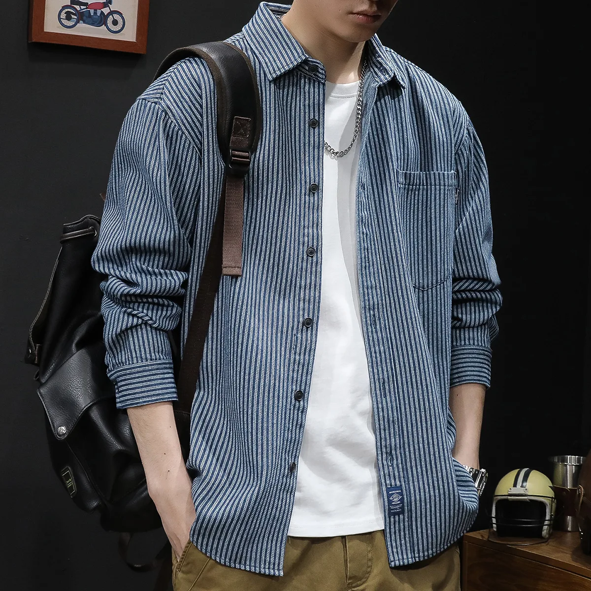 Men's 2025 Striped Shirt Jacket Long Casual Top Spring Season Youth Vitality Style Versatile Wear for Various Occasions