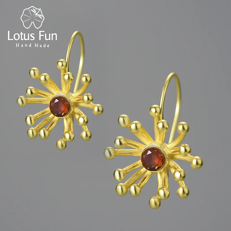 Lotus Fun Original 18K Gold Natural Garnet Peridot Stone Bright Fireworks Dangle Earrings for Women 925 Sterling Silver Jewelry