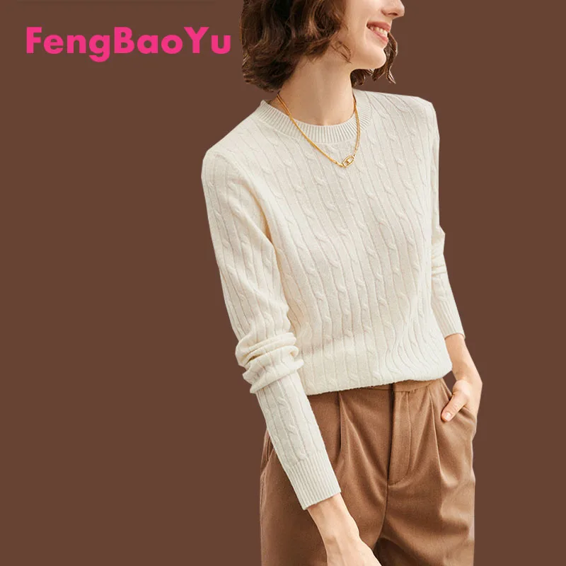 Fengbaoyu Pure Woolen Sweater Spring and Autumn Women Long-sleeved Pullover Round Neck Bottom Sweater White Top Women's Clothes