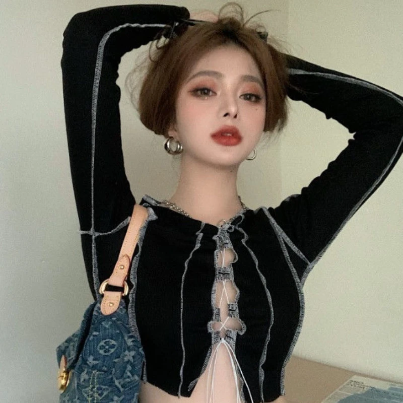 Black Sexy Front Bow Tied Shirt Women Fashion Y2K Crop Tops Ruffle Long sleeve Tee Basic Shirts and Blouses Clothing Brand