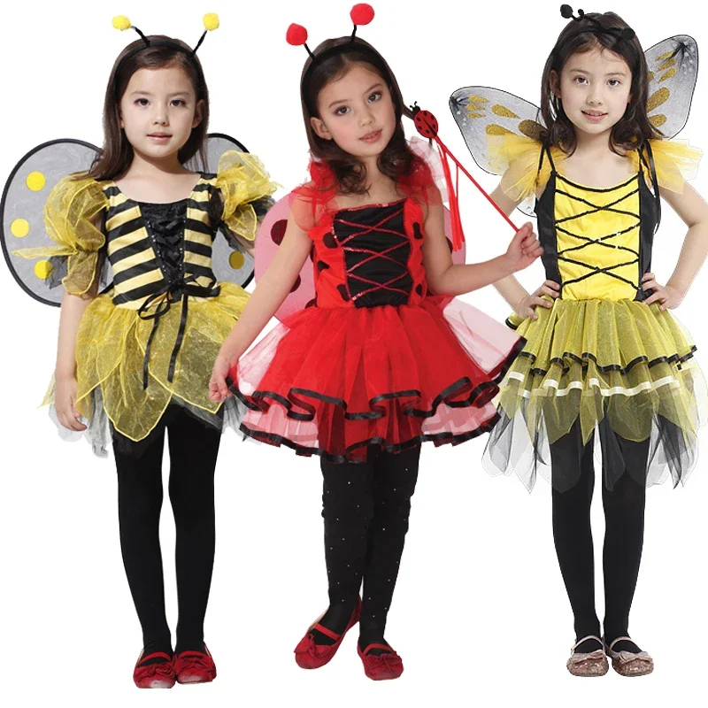 4 Piece Sets Bee Cosplay Costumes Yellow Red Wings Tutu Skirts Headwear Bag for Baby Girls Cute Fancy Dress