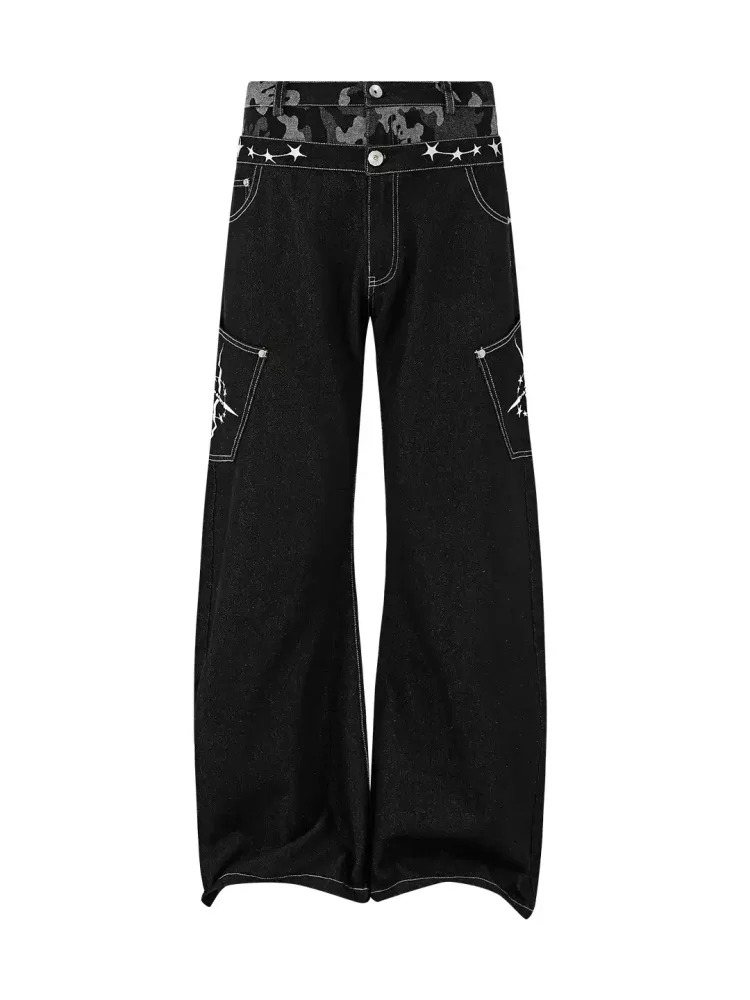 

Camouflage Fake Two Pieces Double Waist Bootcut Pants Knife Niche Original Design Embroidery Unisex Black Loose Jeans