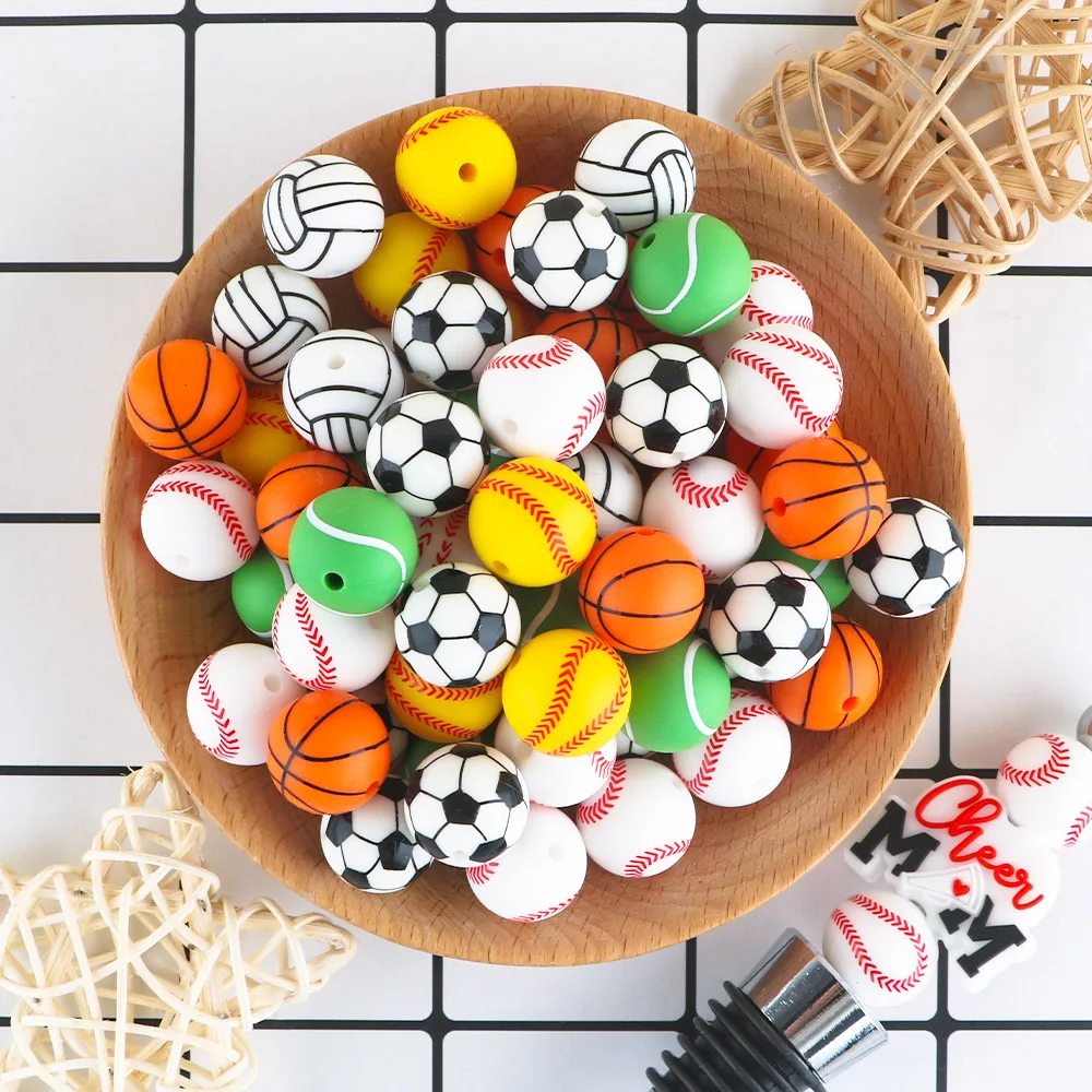 10Pcs/Lot New Printed Silicone Beads 15mm Baseball Tennis Basketball Beads For Jewelry Making DIY Necklace Jewelry Accessorie