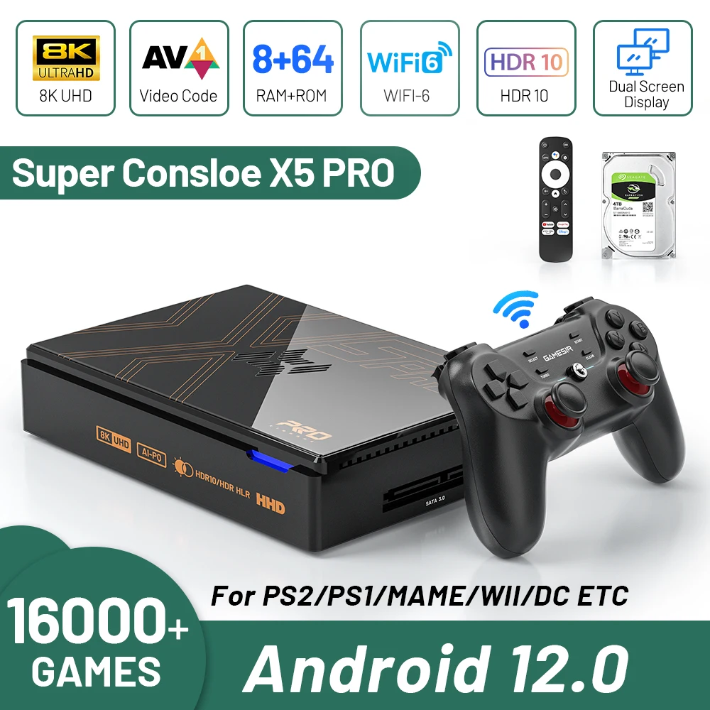 Super Console X5 Pro Video Game Console with built-in 16000+ games , 40+ emulators for PS2/PS1/DC/ARCADE Android12 Smart TV Box