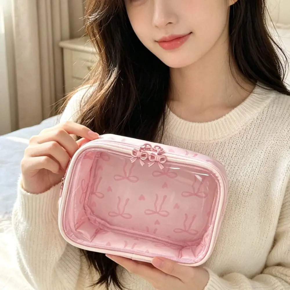 Multi-Purpose PVC Makeup Bag Bow Print Clear Toiletry Bag with Zipper Large Capacity Cosmetic Organizer Women Girls