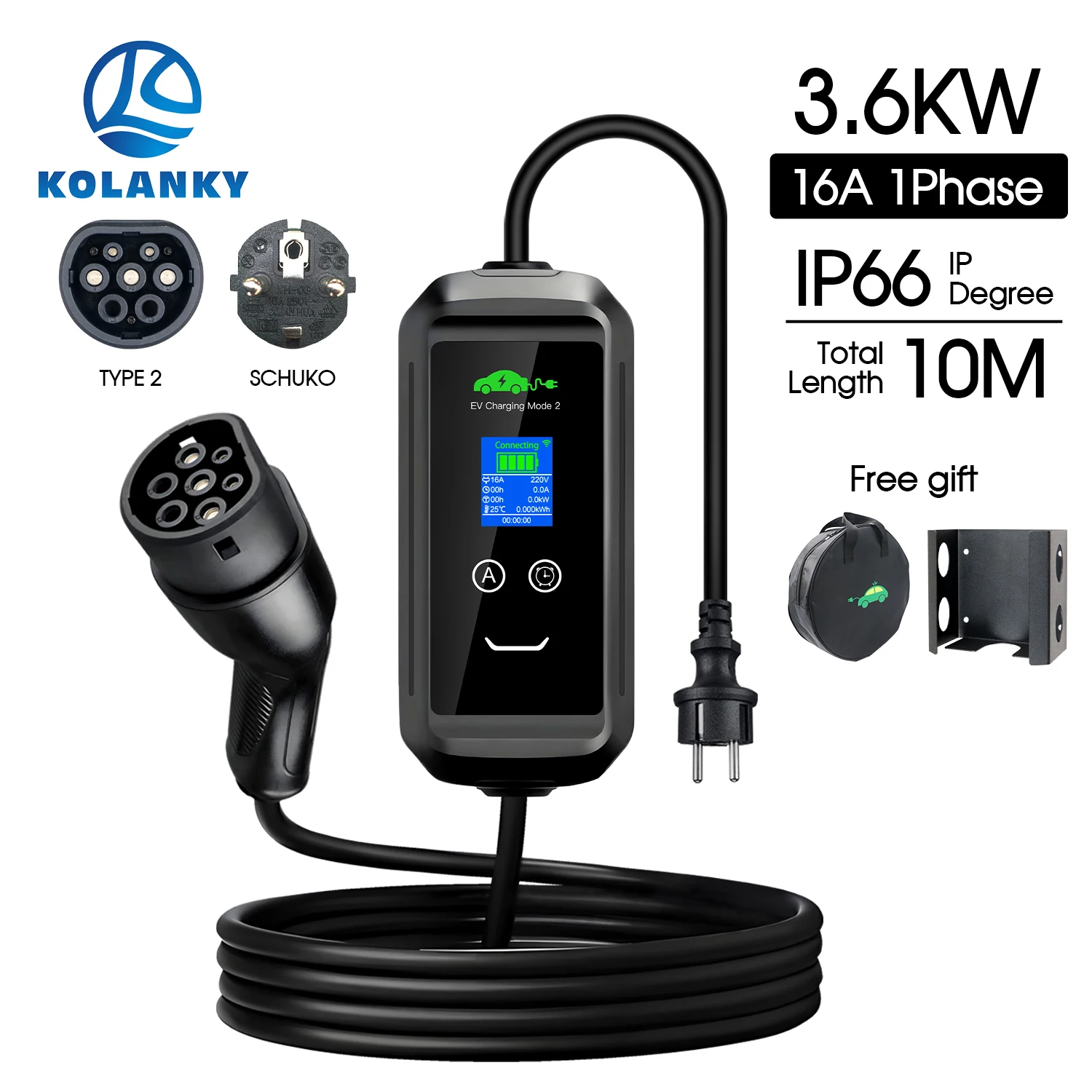 Kolanky Portable EV Charger 16A 3.6KW 1 Phase Type 2 Wallbox IEC 62196-2 Schuko Plug IP66 10M Cable for Electric Hybrid Cars