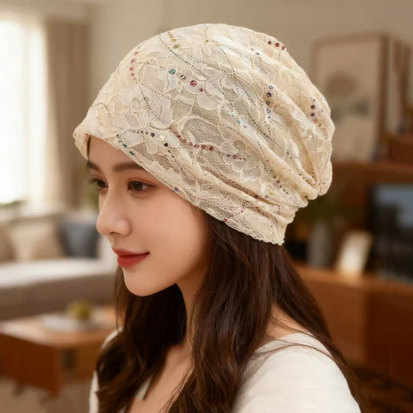 

Hat Spring and Autumn Thin Headscarf Hat Tide Lace Stacked Air Conditioning Hat Cover Breathable Confinement Nightcap Winter