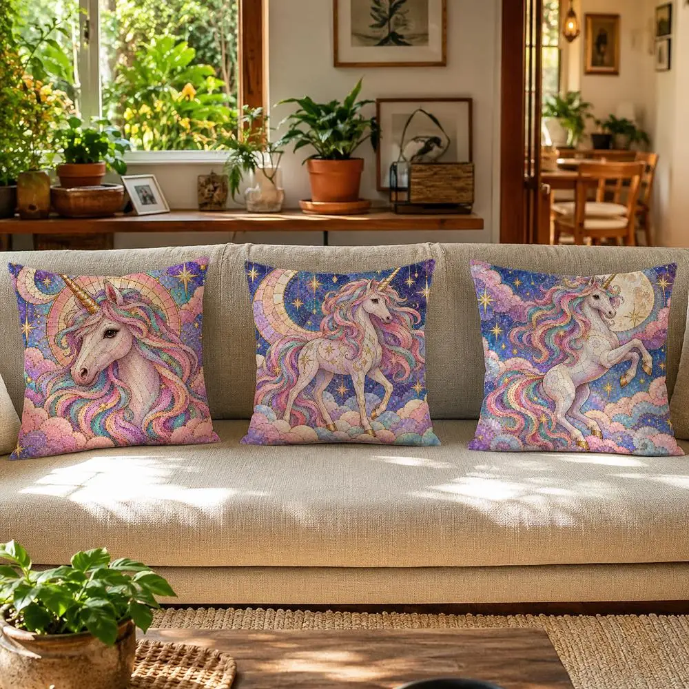 Stained Glass Unicorn Cushion Cover Skin-Friendly Organic Linen Pillow Cover Durable Hypoallergenic Washable Soft