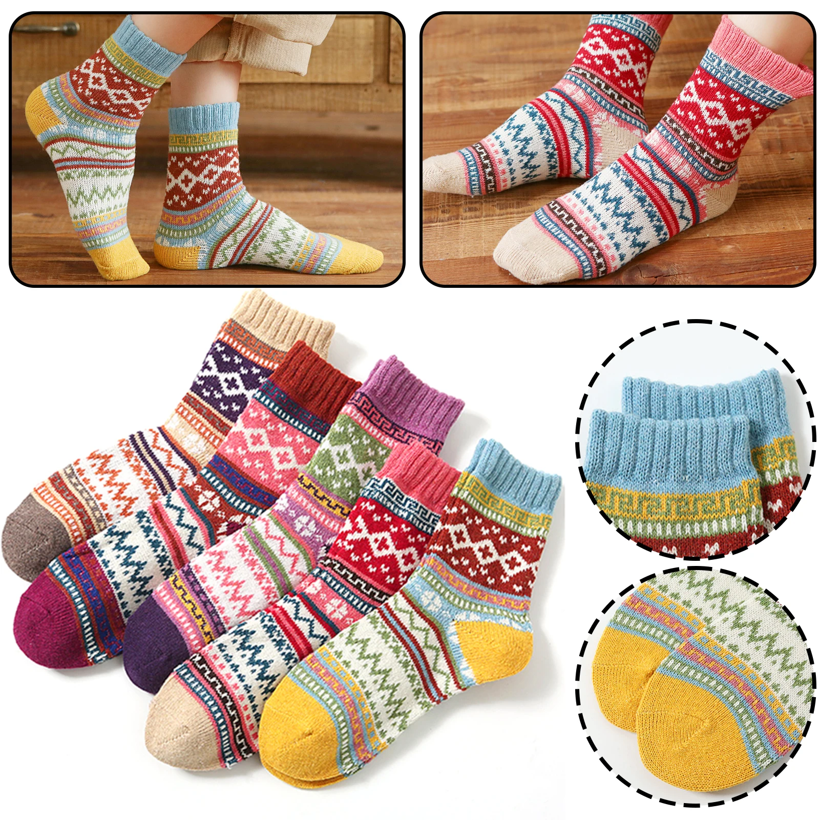 5 Paar Damen-Wollsocken, bunt, weich, warm, Ethno-Stil, Socken, warme Kabinen, nordische Socken, lustige, schweißableitende Socken für den täglichen Gebrauch – Detail 1