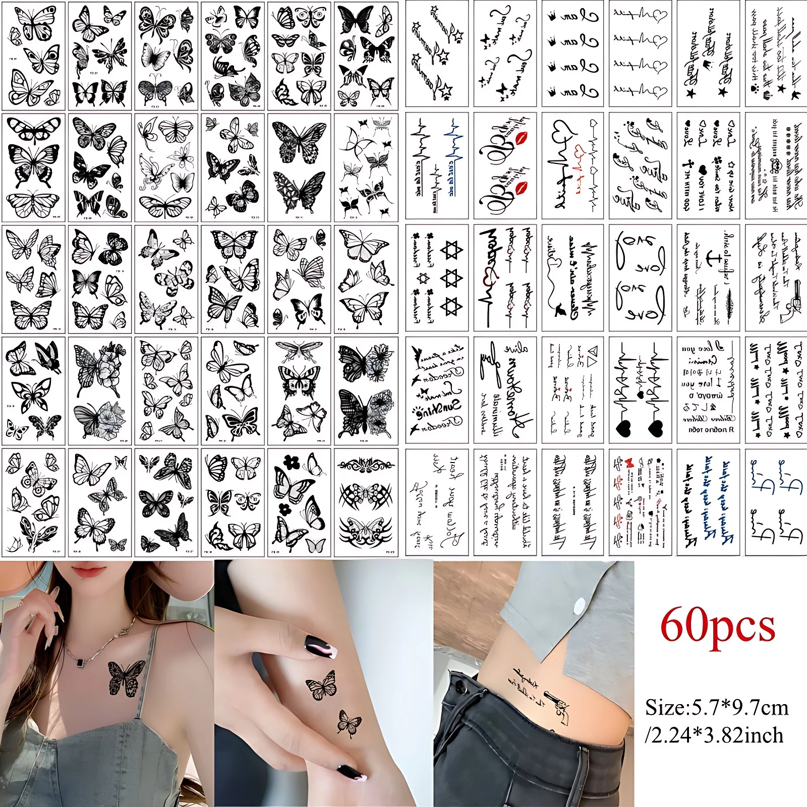 60pcs/lot Women Men Butterfly English Words Waterproof Temporary Tattoos Black Heart Tattoos Adhesive for Navel Clavicle Belly