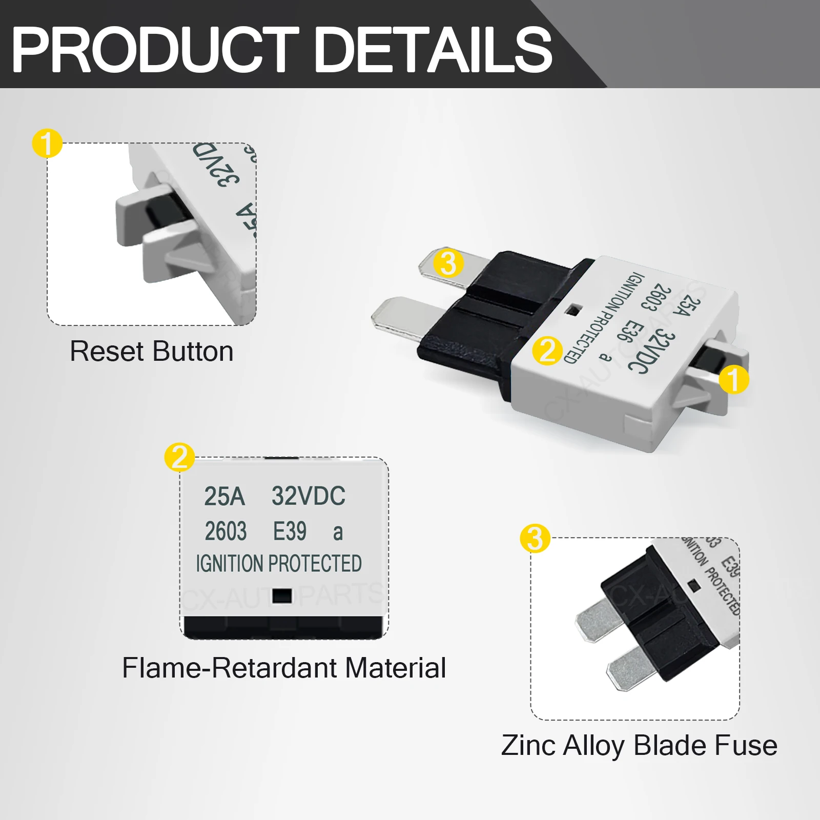 Resettable Fuse 25A 32V DC Manual Reset Circuit Breaker ATO/ATC Blade Fuse for Trucks Marine RV 12V Fuse Holder Block