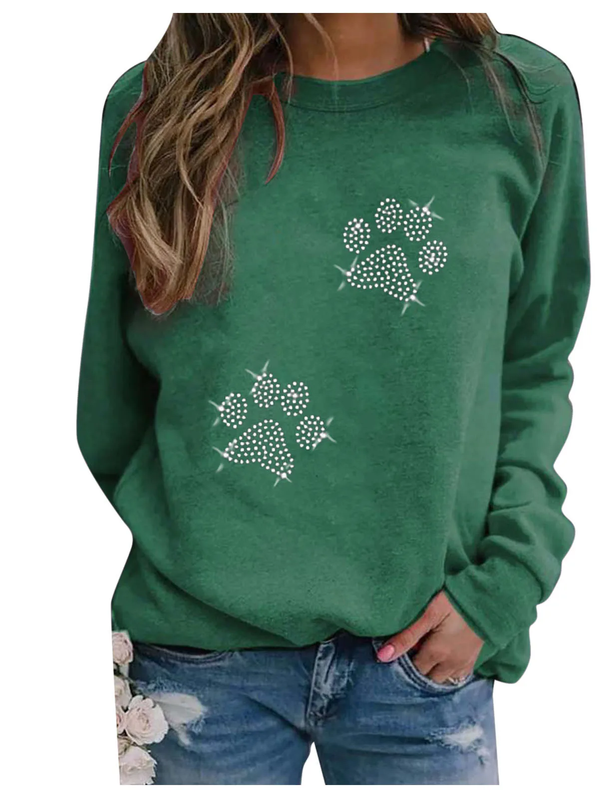 سويت شيرت نسائي غير رسمي مطبوع برقبة دائرية، تصميم شارع، أكمام طويلة، قصة فضفاضة، مزيج من الألياف، سمك متوسط، موضة الخريف