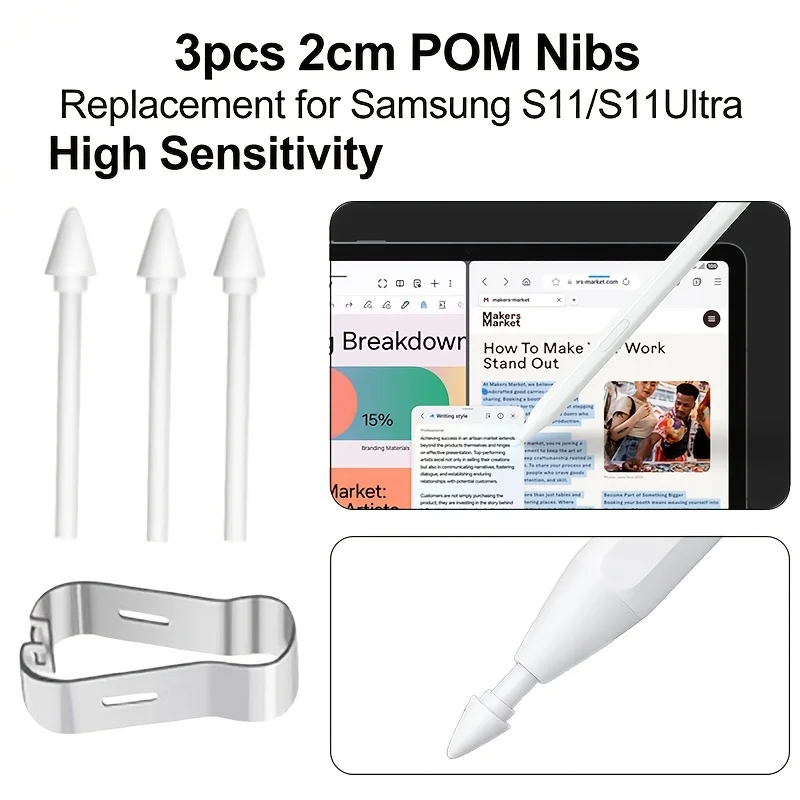 3Pcs/Lot Soft S Pen Tips Nib Pen Tip Replacement For Samsung Galaxy Tab S11 / S11 Ultra Tablet With Metal Clip