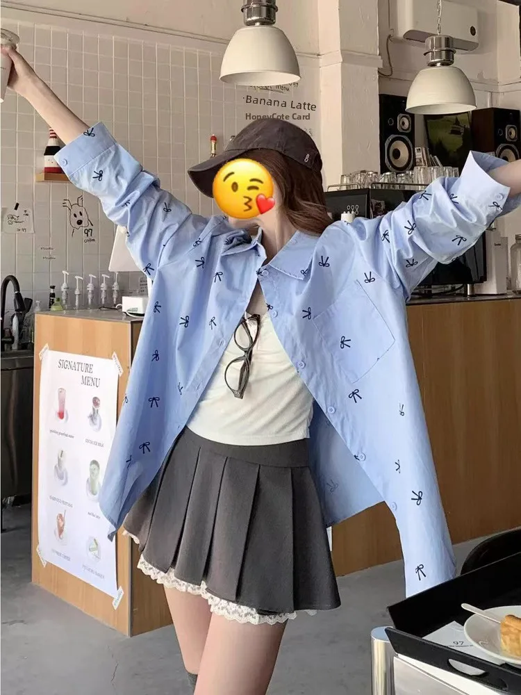 

Loose Long Sleeve Blue Floral Print Women's Shirt Spring 2026 Lazy Style Fashion Design Korean Brand Casual Top