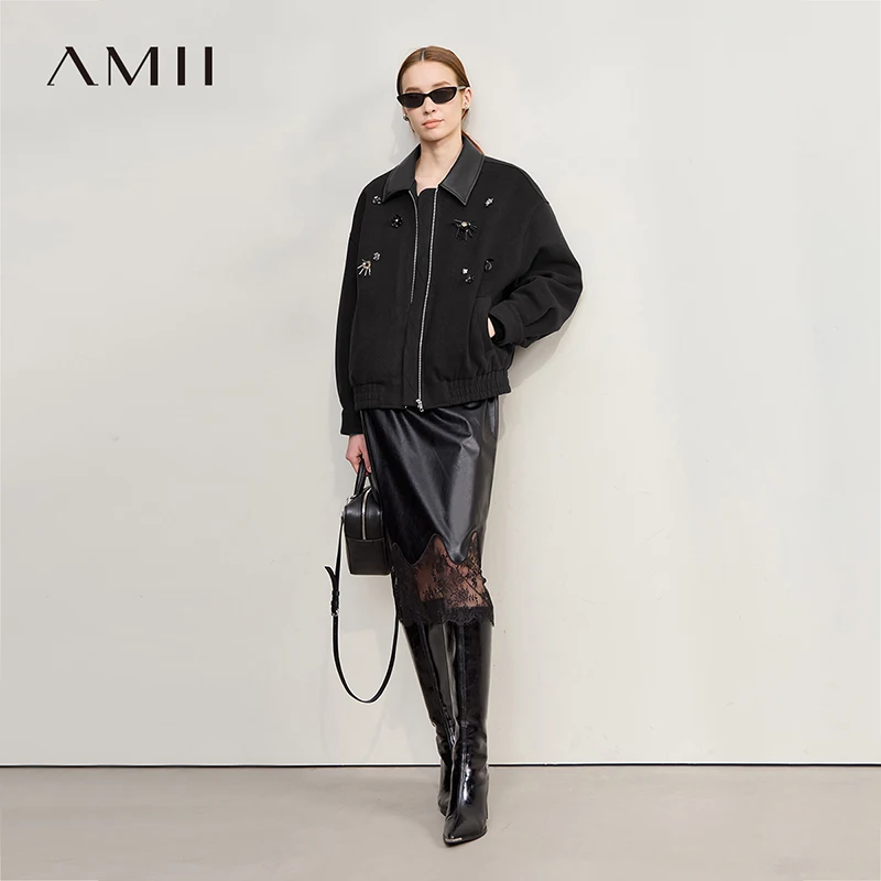 AMII chaqueta de mujer 2025 invierno nuevo suelto medio y largo PU cuero Top solapa femenina cálido versátil abrigo de lana mujer 12554053