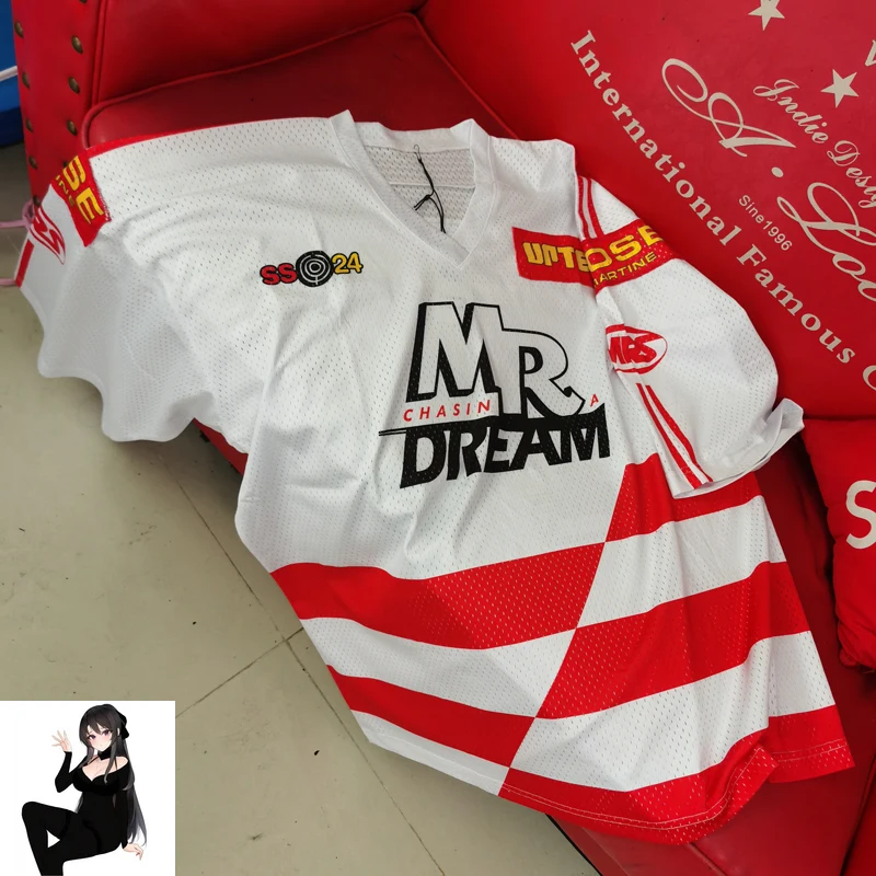 تي شيرت وردي للرجال والنساء ، ملابس رياضية فضفاضة جيدة التهوية ، رقعة بلوككور ، قميص ظلي ، رقبة حرف V ، شبكة عتيقة