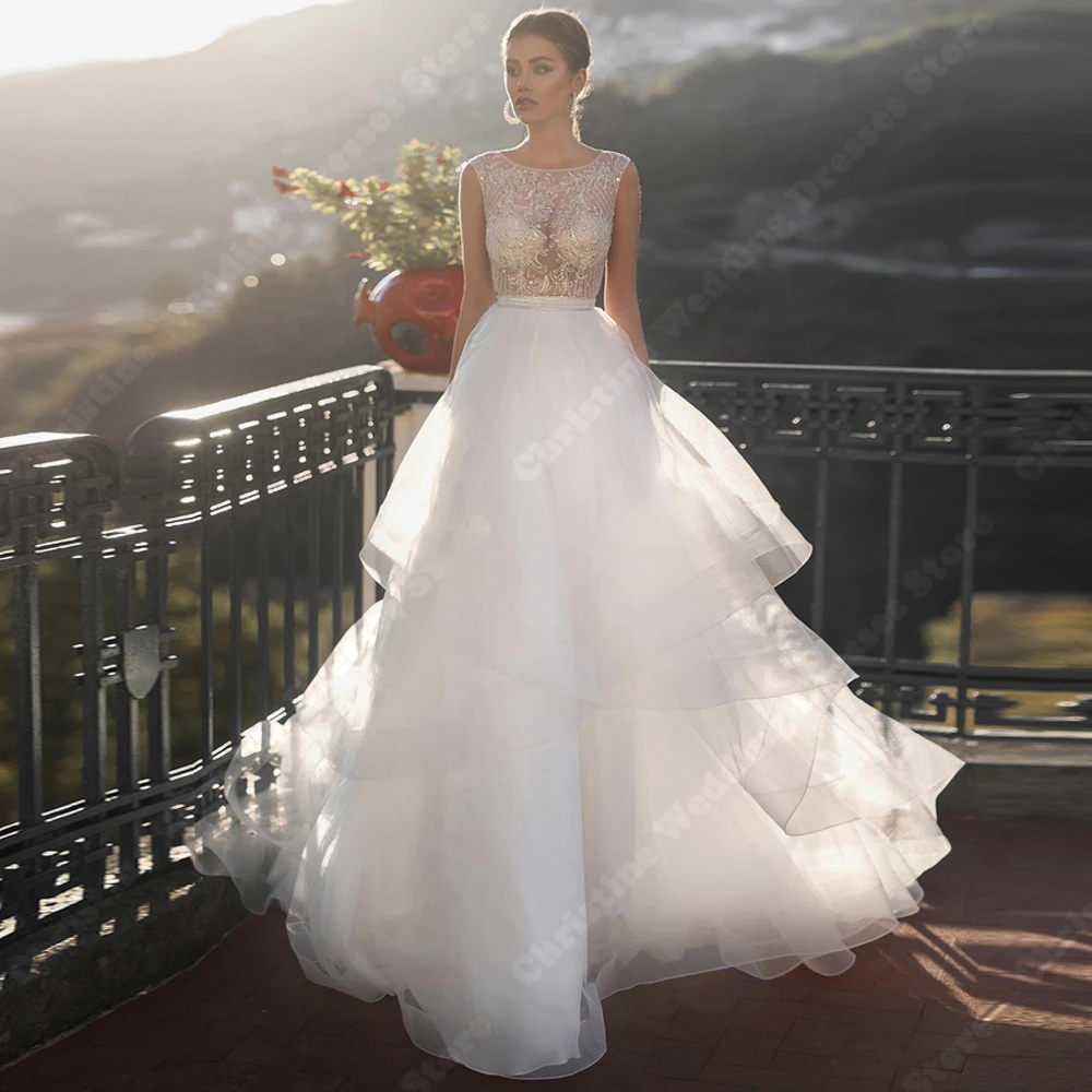 

Shining Multi-layer t Wedding Dresses Sexy Lace Appliques Sexy A-Line Bride Gowns Sleeveless Backless Engagement Ball Robes 2024