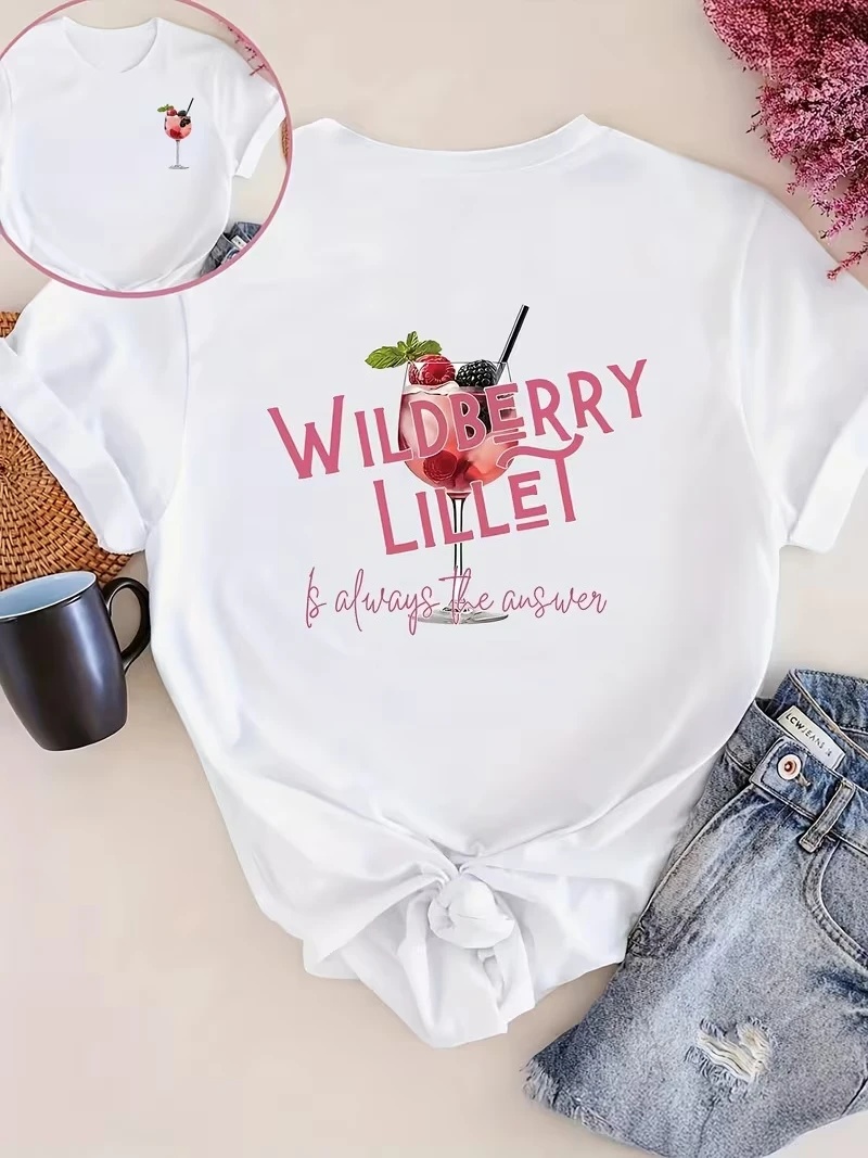 Camiseta para mujer Wildberry Lillet Is Always The Answer, camiseta gráfica, camiseta informal de manga corta con cuello redondo, camiseta moderna con estampado de cóctel