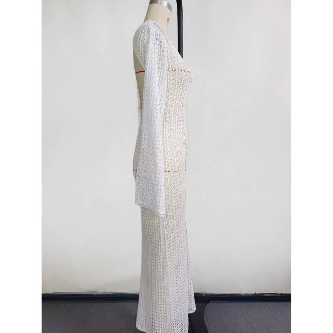 3D-Blumen-V-Ausschnitt, langärmeliges, gehäkeltes, gestricktes Tunika-Strandkleid, Strandkleid, Strandmode, Damen V5852 – Detail 25