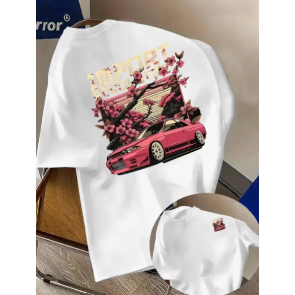 2026 New Men Casual Short Sleeve T-shirt Retro Sports Car Theme Print Cherry Blossom Art Modified Car Graphic JDM Auto Culture