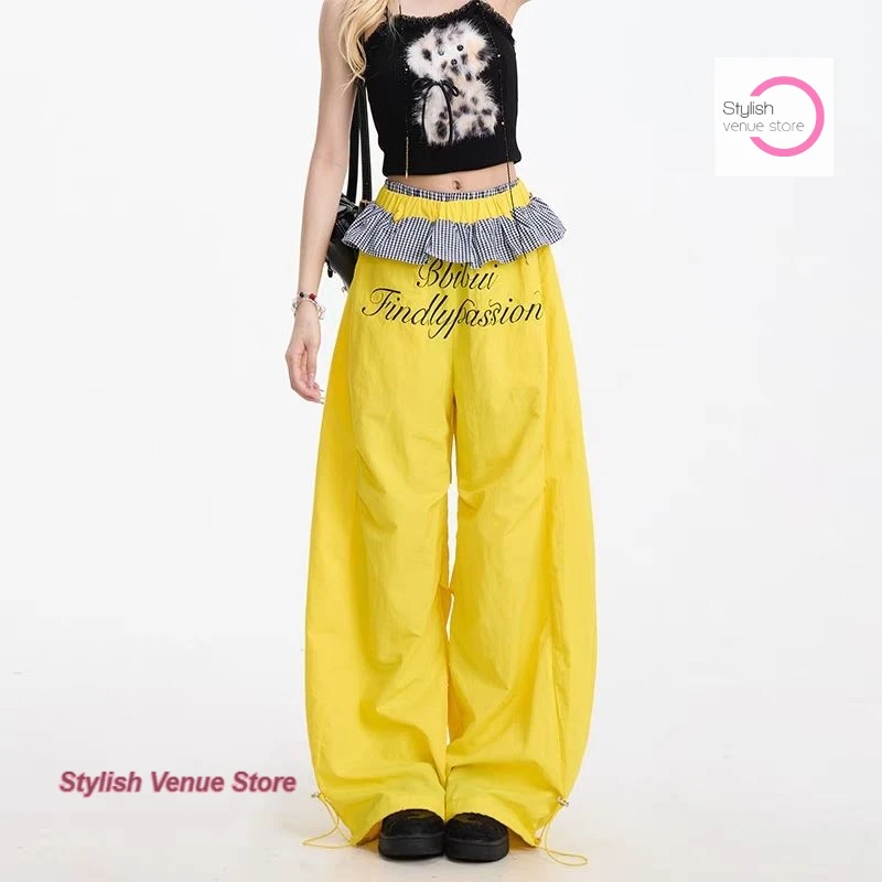 

American retro dopamine plaid lace wide-leg pants women's summer new fashion design light and quick-drying overalls pants