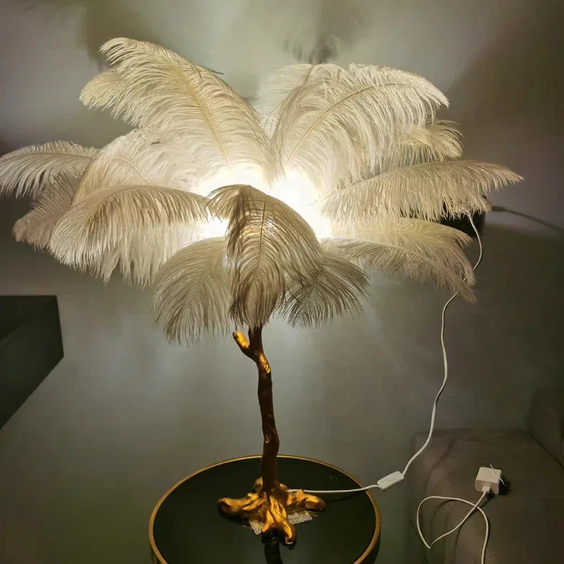 Nordic Resin Copper Ostrich Feather Floor Lamp Living Room Home Decor Led Sofa Side Corner Standing Light Bedroom Bedside Lamp