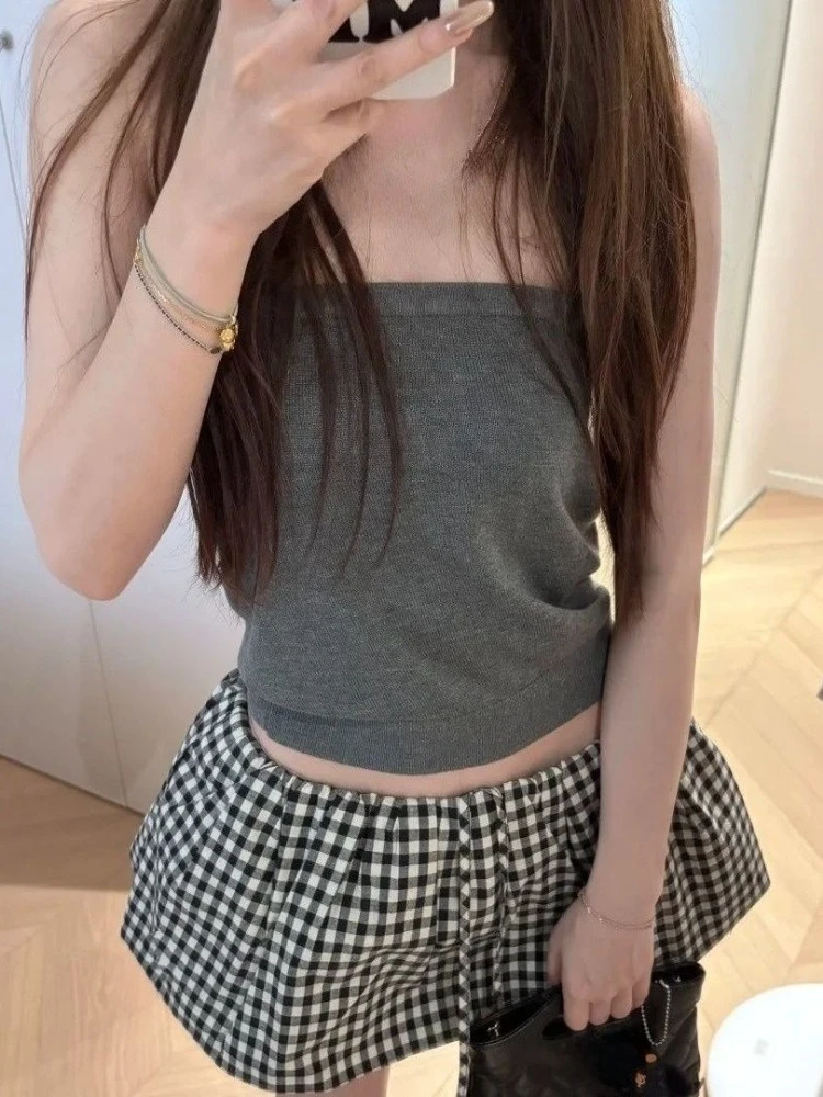 

Осенний корейский модный тонкий комплект из 2 предметов, женские винтажные милые повседневные комплекты, серые вязаные топы-трубы + шикарный костюм с клетчатой юбкой с высокой талией