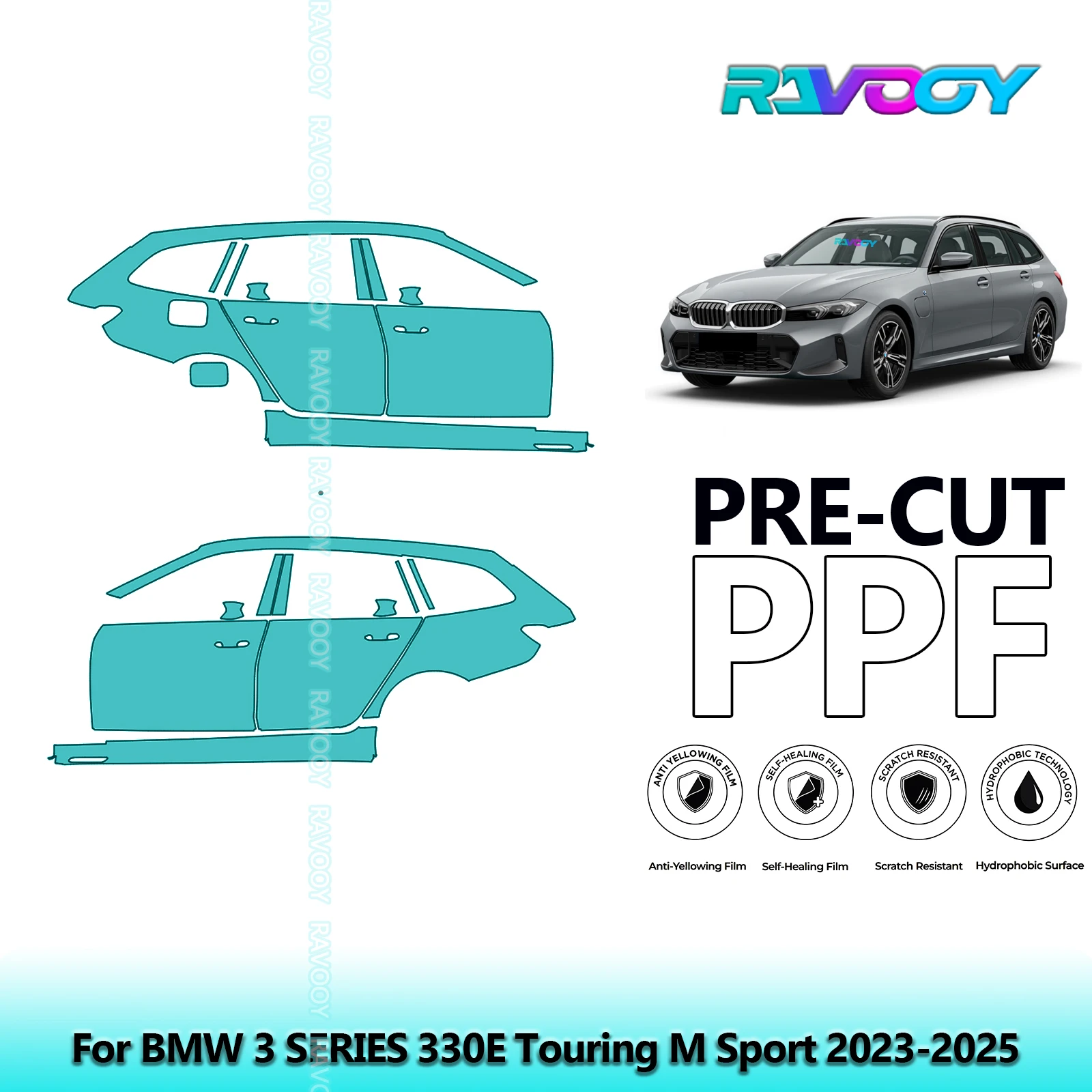 

For BMW 3 SERIES 330E Touring M Sport 2023-2025 8.5mil Pre-Cut PPF Door & A/B Pillar Kit TPU Paint Protection Film Set