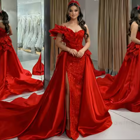 Customized Red Off Shoulder Party Dresses For Weddings Arabic Dubai Evening Dress Engagement Prom Dress With Detachable Train