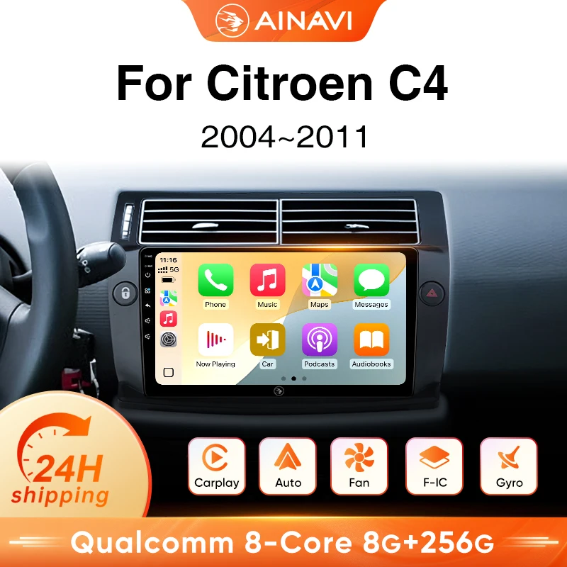 Radio para coche Ainavi Android para Citroen C4 C-Triomphe Quatre 2004-2014, Carplay inalámbrico, Android Auto, reproductor multimedia 4G para coche, navegación GPS, SWC, BT5.0, HD IPS, salida HDMI, MP5, FM, AM, RDS, giroscopio, autorradio 2 DIN. 1