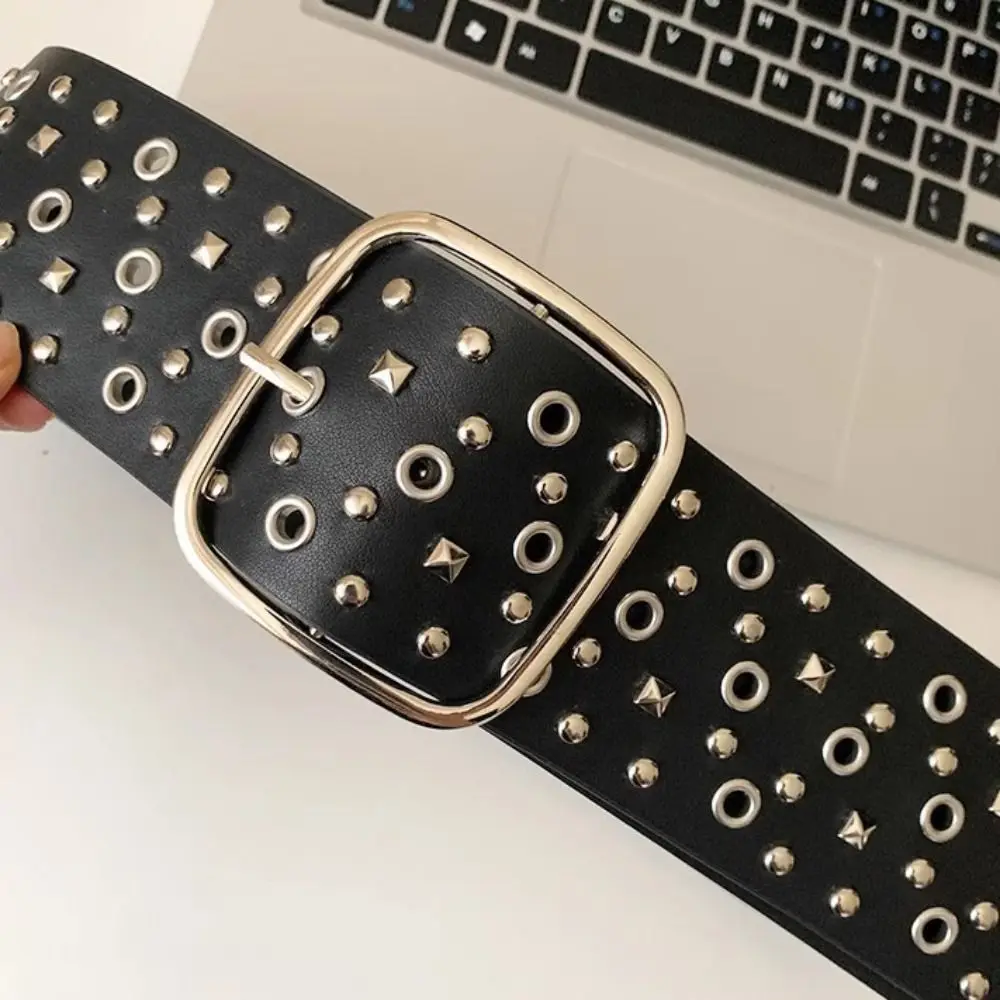 

Elegant Rivet Cowgirl Belt Harajuku Suede Wide Waistband Round Buckle Aesthetic PU Leather Belt Pants