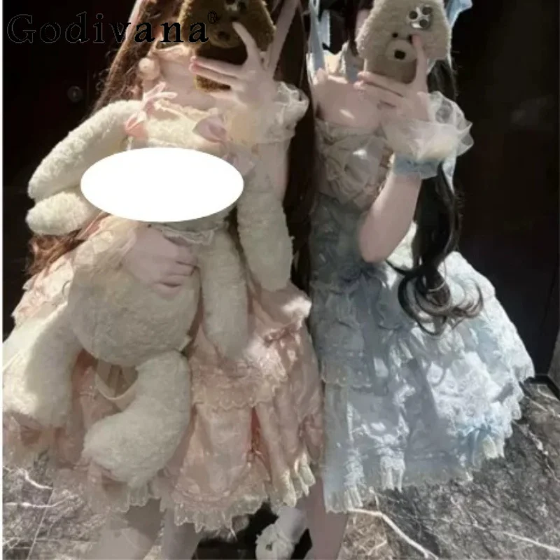 Pink Princess Lolita Elegant Bow Slash Neck Lace Suspender Dress Fashion Girl Versatile Age Reduction Cake Fairy Party Dresses