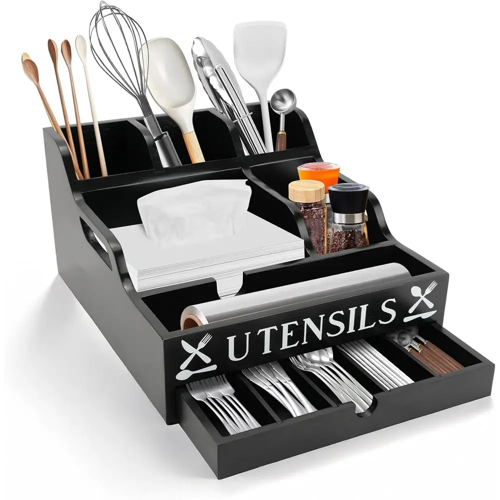 

Large Capacity Farmhouse Style Kitchen Drawer Organizer for Flatware, Spatulas, and Cutlery in Black