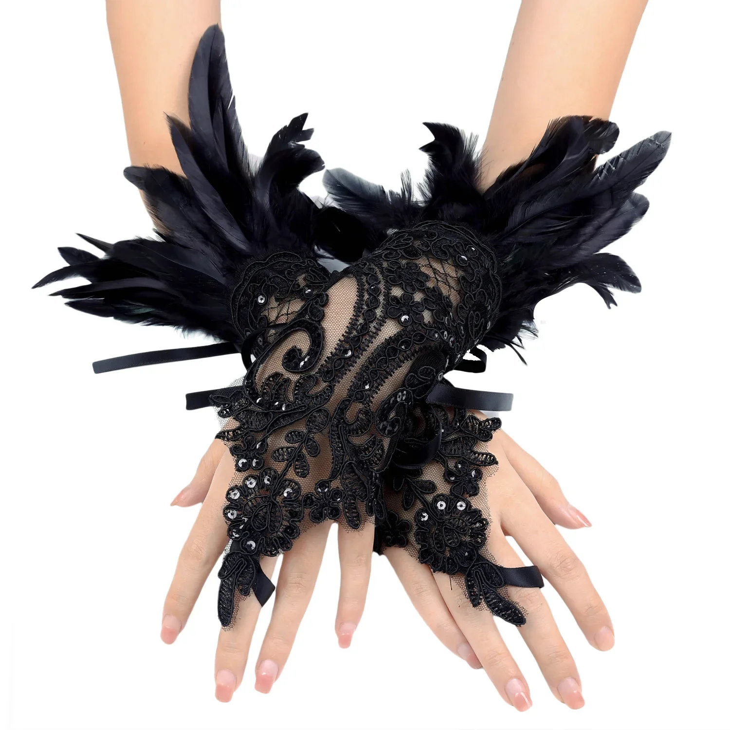 1 par de guantes largos de plumas de imitación de encaje Sexy, manga de malla gótica, manopla bordada para fiesta de Halloween, accesorios de escenario para mujer