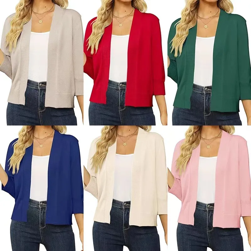 

European and American Fashion Cardigan for Women, Solid Color Slim Fit Slimming Knitted Sweater