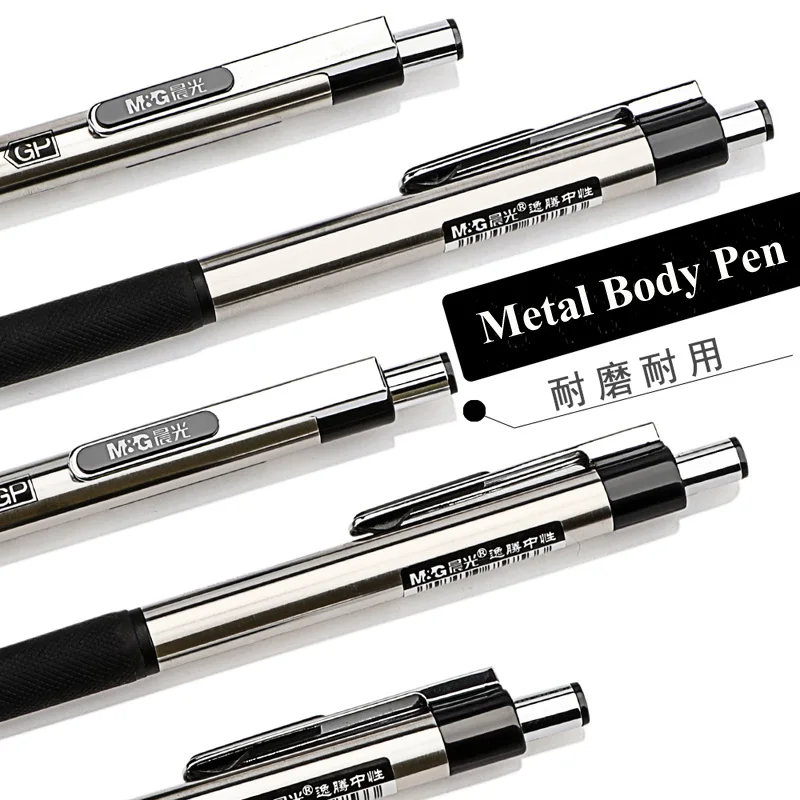 M&G Retractable Stainless Steel Ballpoint Gel Pens, 0.5mm Fine Point Bullet Tip Black ink Refill Smooth Writing Grip Signing Pen