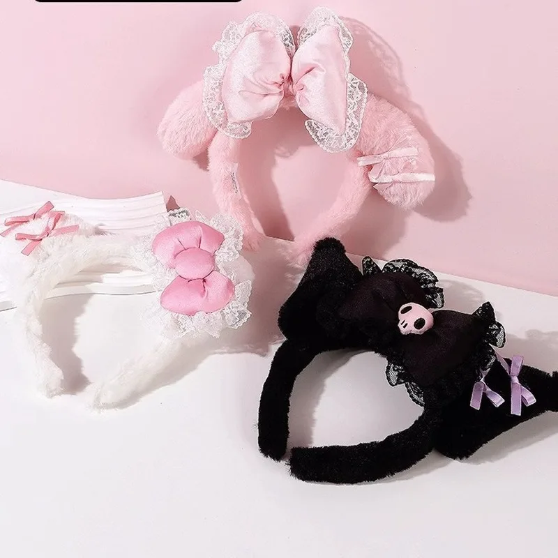 Kuromi Hello Kitty Plush Lace Lolita Headbands Girls Hair Bands Hoop Women Headwear Hair Accessories For Makeup Washing Face  ﻿