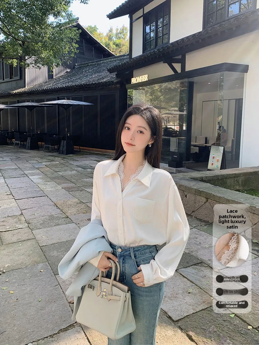 

Ele White Silk irt Women's Spring Autumn High-End Design Unique Sle Korean Sle Long Sve Button up Ne