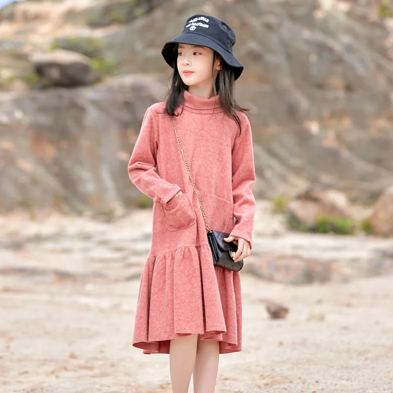 ZOETOP Autumn Winter Junior Girl Thicken Dress School Girl High Collar Warm Long Sleeve Dress Child Girl 2 Pocket Flounce Dress