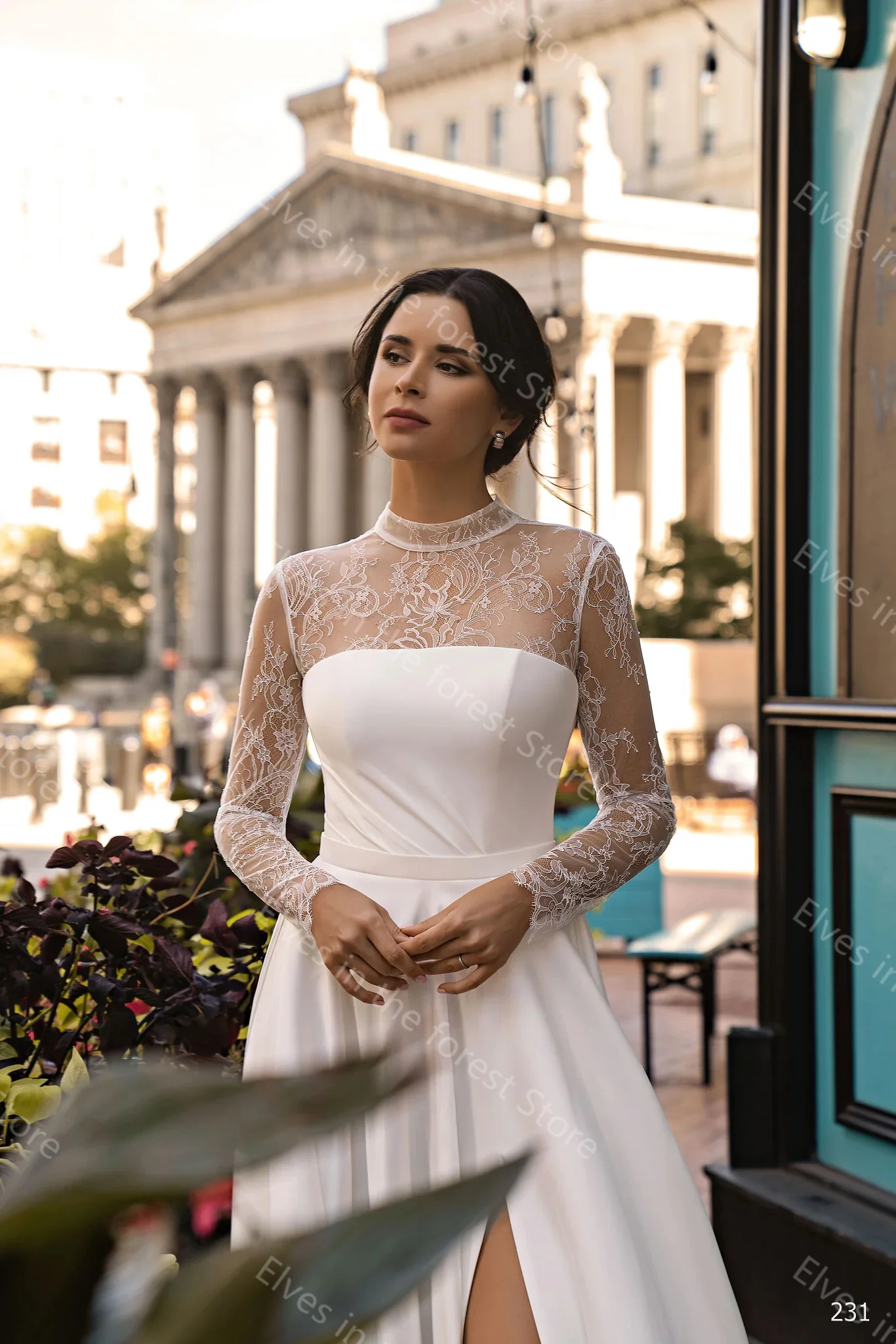 Simple Satin A Line Wedding Dresses Lace High Neck Long Sleeves Bridal Gowns Charming Side Split Customized Vestidos De Mariee