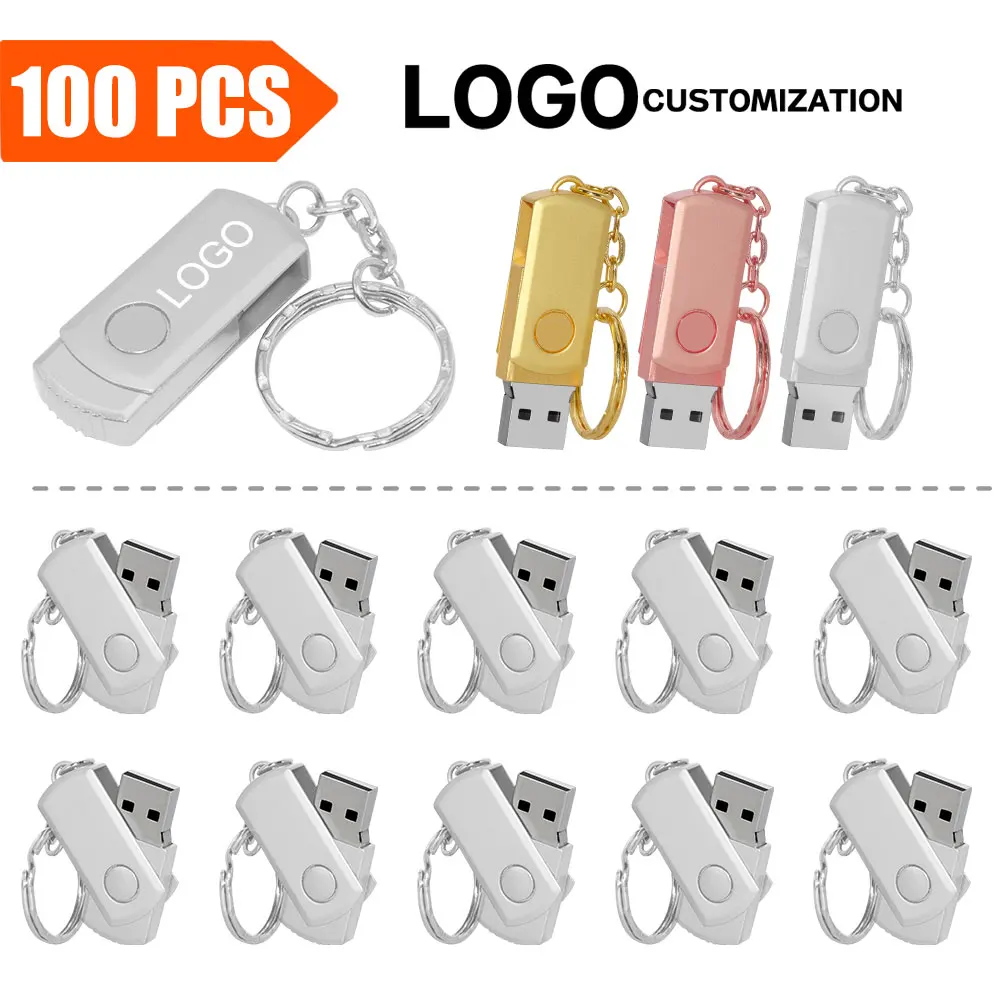 100PCS/LOT Metal USB 2.0 Flash Drives 64GB Custom Logo Pen Drive Gifts 32GB Memory Stick 100% Real Capacity Pendrive U Disk