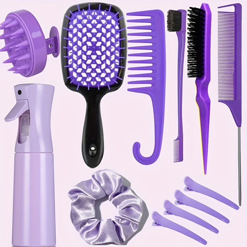 12pcs Complete Hair Styling Comb Set - Versatile Detangling & Teasing Combs, Edge & Rat Tail Brushes, Scalp Massager, Spray Bott