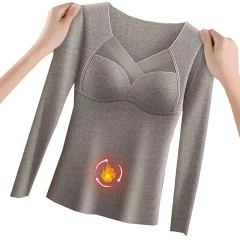 1pcs Women Autumn Winter Long-sleeved T-shirt Thermal Underwear Thick Top Plus Size Thermal Underwear With Chest Cushion