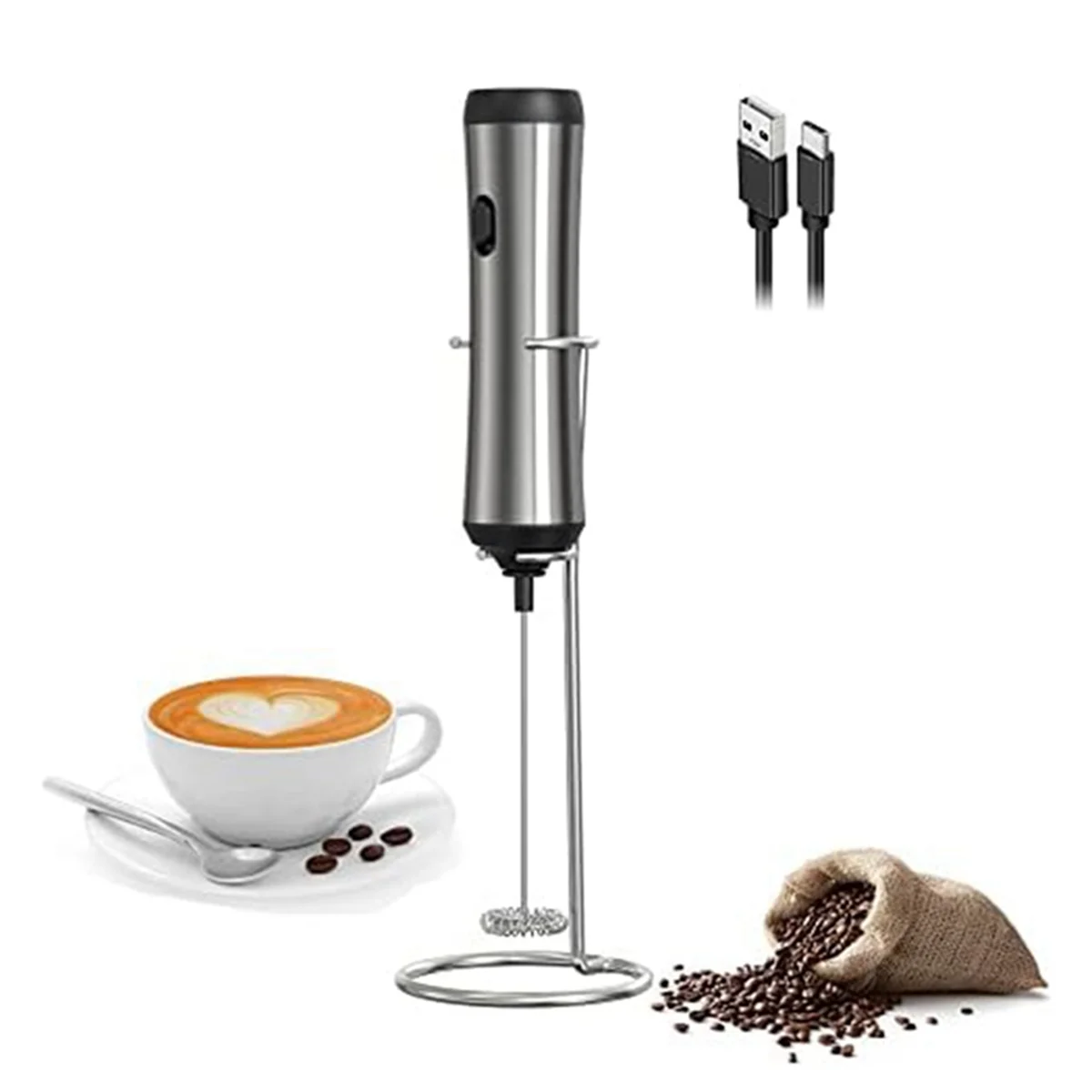 Handheld Electric Milk Frother, USB recarregável, Mini Frother com suporte, Presente Cozinha