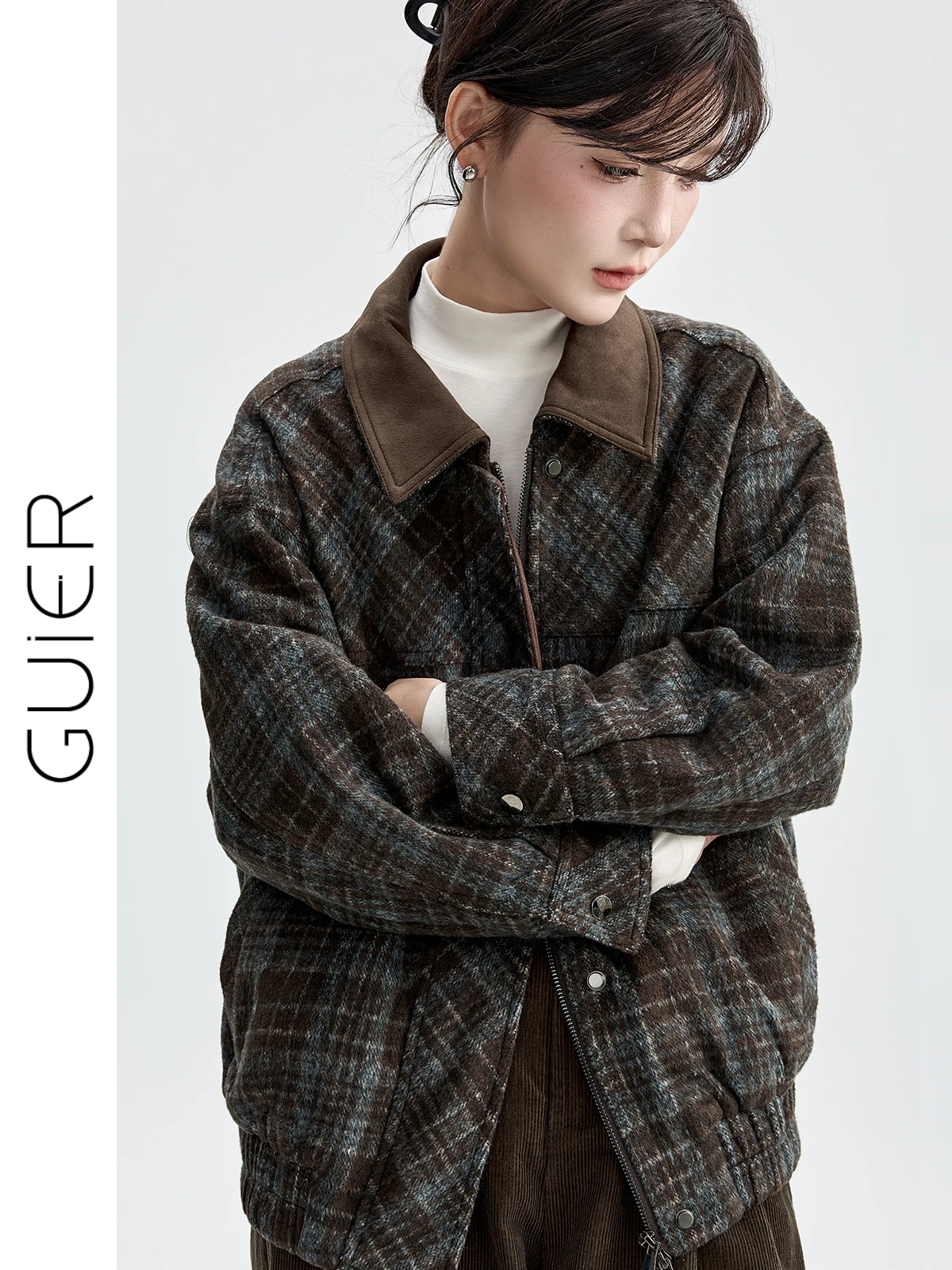 

Женское шерстяное пальто Guier с хлопковыми вставками, свободный крой, зимнее, модное, в клетку, с эффектом стройности, новинка зимы 2025, ретро-стиль