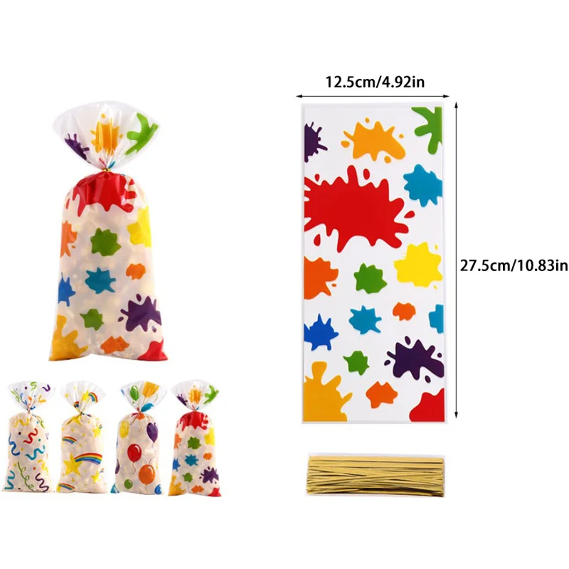 50pc Colorful Ribbon Balloon Doodle Pattern Gift Pack Flat Pocket, Rainbow Printed Wedding Graduation Party Gift Small Candy Bag