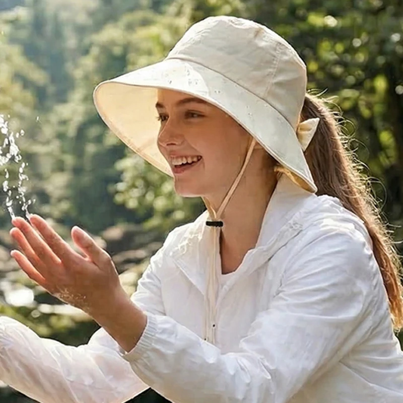 

Bucket Hat Women Summer Wide Brim Ponytail Sun Protection Chin Strap Cap For Fishing Climb Outdoor Camp