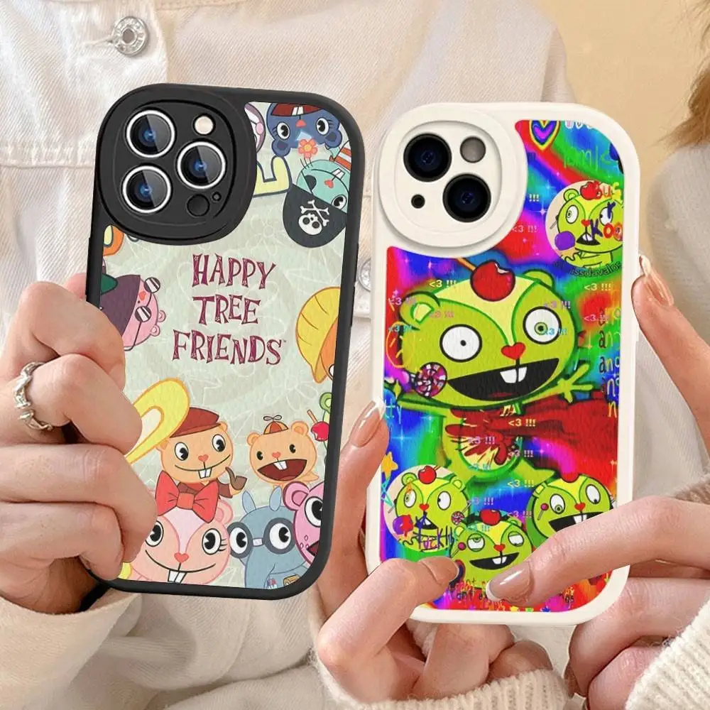 H-Happy Tree Friends Handyhülle für iPhone 16 15 14 13 12 11 Pro Max Plus Leder stoßfeste Abdeckung